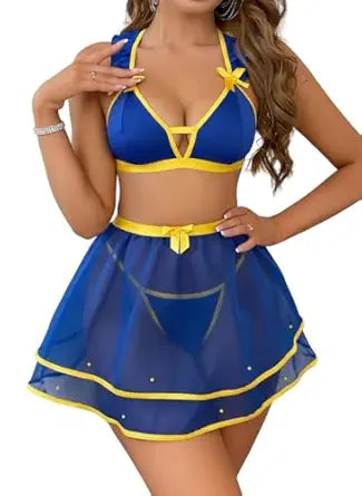 Aurexal™ Mesh Lingerie Set Halter Bralette with Layered Sheer Skirt Premium Nightwear, Free Size