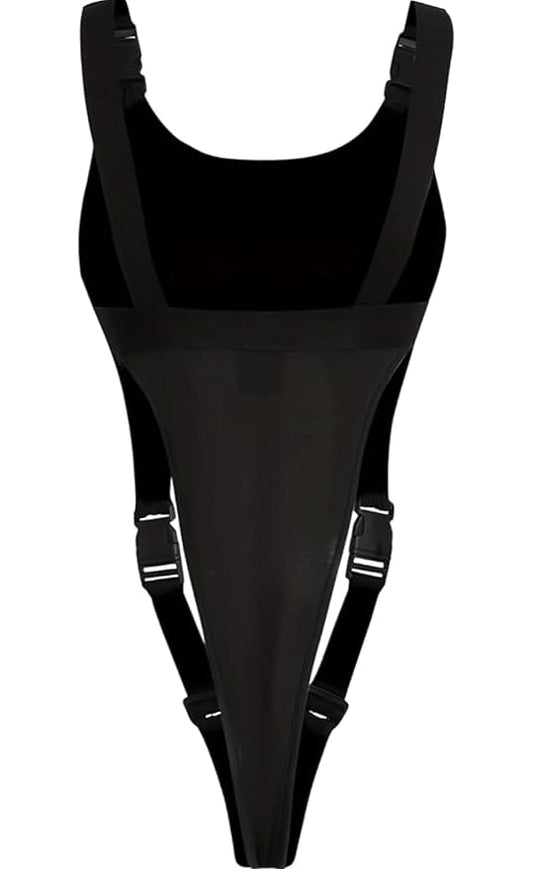 Aurexal™ Black Suspender Cut-Out Strappy Bodysuit with Adjustable Buckle Straps One-Piece Lingerie with High-Cut Design Free Size