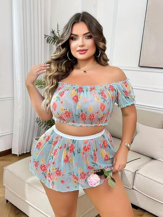 Aurexal™ Floral Off-Shoulder Babydoll Lingerie Set – Soft Mesh Short Nightdress with Matching Bottom Free Size