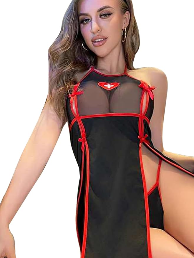 Aurexal™ Babydoll Nurse Uniform Mesh Chemise Mini Dress Lace Roleplay Nightwear for Women (Free size)
