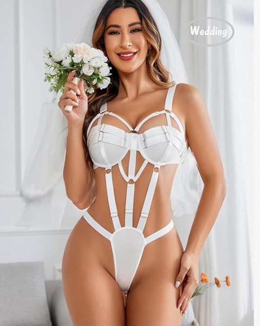 Aurexal™ White Strappy Bodysuit Lingerie, Push-Up Bra Style Teddy for Women (Free Size)