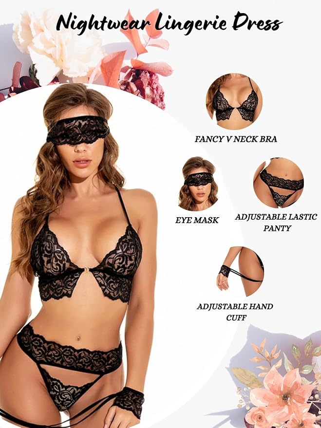 Aurexal™ Stylish Lace Nightwear 4-Piece Lingerie Set with Blindfold for Women Lightweight & Breathable Fabric Ideal for Brides (Free size)