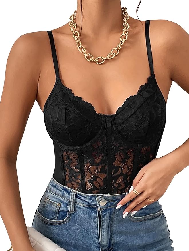 Aurexal™ Floral Lace Sheer Spaghetti Strap Scallop Trim Bustier Cami Bodysuit Top (Free Size)