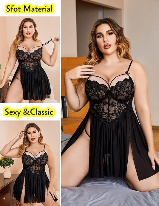 Aurexal™ Intimate Lingerie Lace Babydoll and Bra&Panty Womens Strap Chemise Nightgown V Neck Nighty Mesh Sleepwear Side Slit Nightdress (Free Size)
