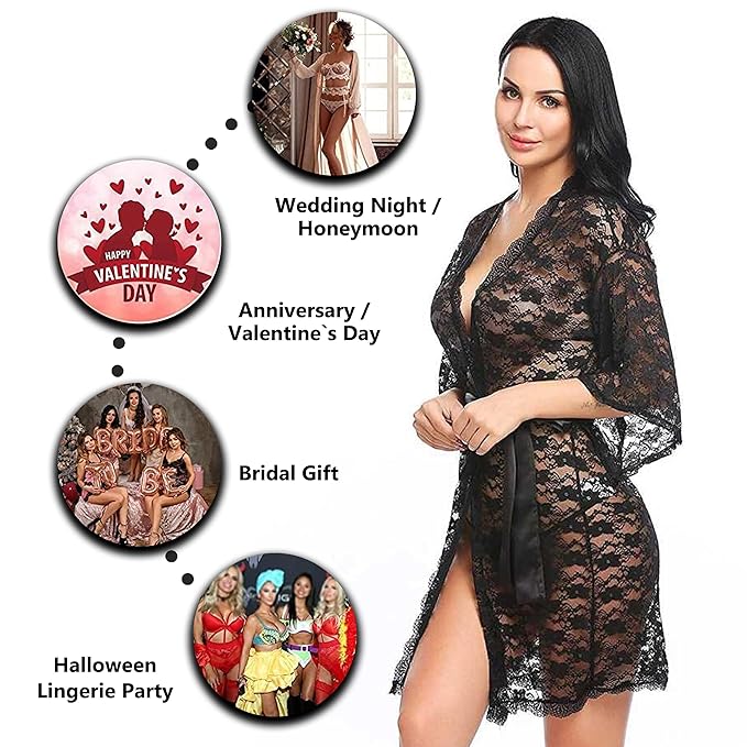 Aurexal™ Babydoll Lace Net Robe Lingerie Nightwear Dress for Honeymoon