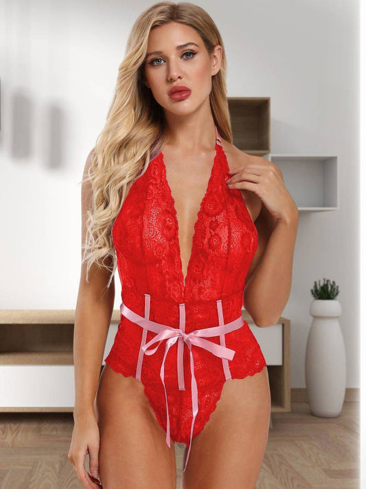 Aurexal™ Halter Neck Baby Doll with High-Low Tie-Up Ribbon Lingerie