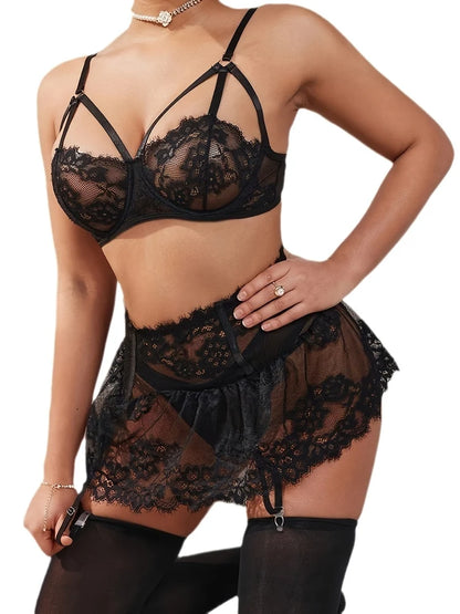 Aurexal™ Black Lace Babydoll Strappy Bra High-Waist Garter Skirt with Stocking Clips Nightwear, Free Size