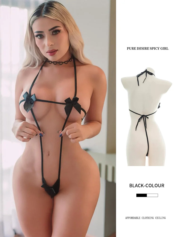 Aurexal™ Stylish Open Cup Strappy Lingerie Set with Bow Detail Sensual Nightwear Free Size