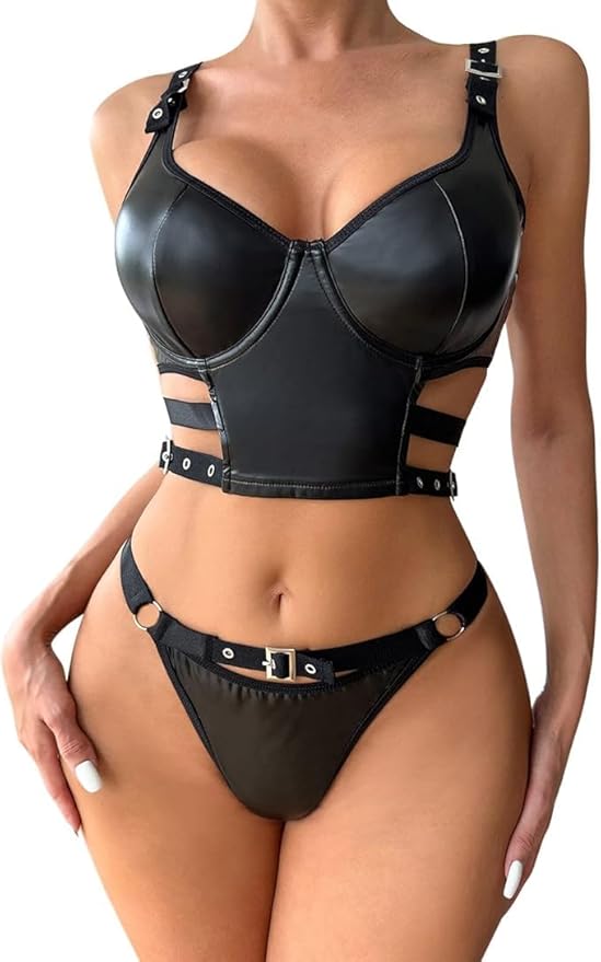 Aurexal™ 2-Piece Satin Lingerie Set, Black Crop Top with Buckle Details and High Cut Thong, Gothic Style (Free size)
