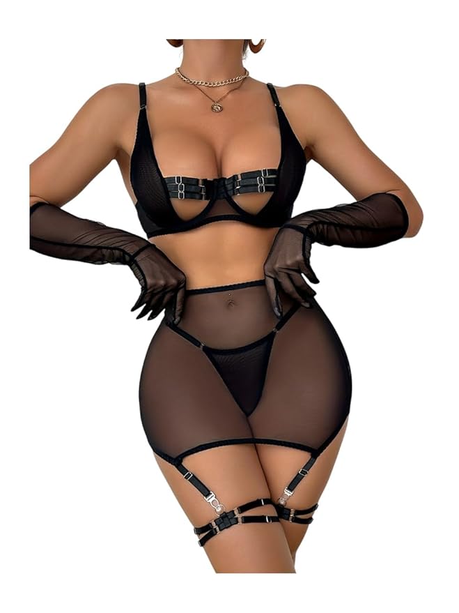 Aurexal™ Net Sheer Mesh Black Baby Doll High Waist Panty & Garter Straps Sexy Transparent Nightwear Innerwear Set for Women Free Size