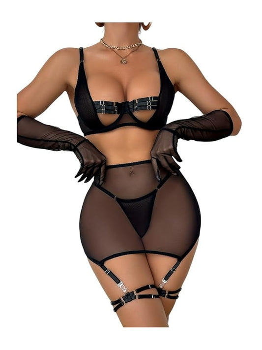 Aurexal™ Net Sheer Mesh Black Baby Doll High Waist Panty & Garter Straps Sexy Transparent Nightwear Innerwear Set for Women Free Size