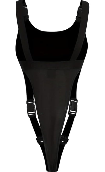Aurexal™ Black Suspender Cut-Out Strappy Bodysuit with Adjustable Buckle Straps One-Piece Lingerie with High-Cut Design Free Size