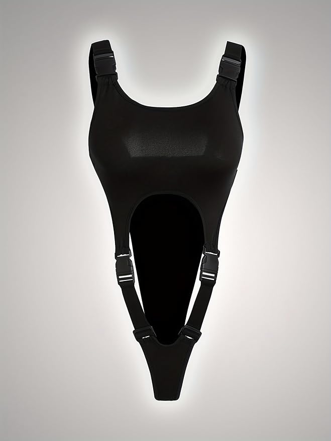 Aurexal™ Black Suspender Cut-Out Strappy Bodysuit with Adjustable Buckle Straps One-Piece Lingerie with High-Cut Design Free Size