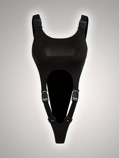 Aurexal™ Black Suspender Cut-Out Strappy Bodysuit with Adjustable Buckle Straps One-Piece Lingerie with High-Cut Design Free Size