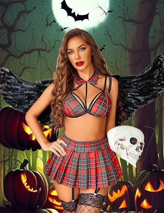 Aurexal™ Women’s Plaid Schoolgirl Lingerie Set with Harness Bra & Pleated Mini Skirt Sexy Lingerie Set for Women Stretchable Soft Fabric Party & Costume Wear Outfit Free Size