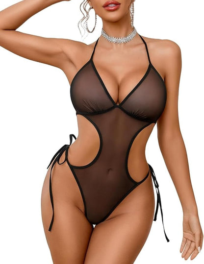 Aurexal™ Sheer Mesh Cutout Teddy Lingerie – Sexy Halter Neck One Piece Bodysuit for Nightwear & Honeymoon, Free Size