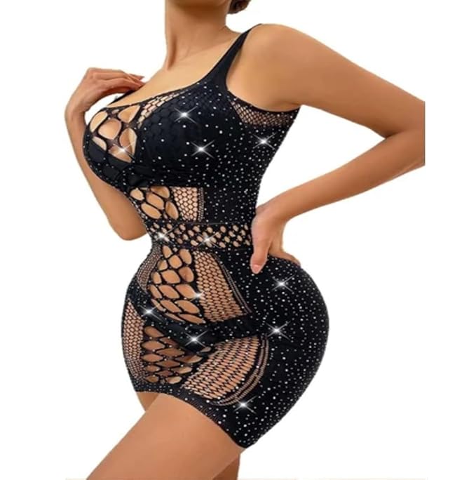 Aurexal™ Knitted Round-Neck Sheer Stockings Glitter Stone Mini Dress Babydoll Fishnet Tights Lingerie Dress (Free size)