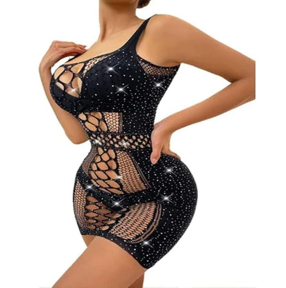 Aurexal™ Knitted Round-Neck Sheer Stockings Glitter Stone Mini Dress Babydoll Fishnet Tights Lingerie Dress (Free size)