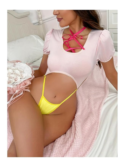 Aurexal™ Cut-Out Babydoll with Bow Detail Soft Stretch Top & High-Cut Thong Romantic Nightwear Free Size