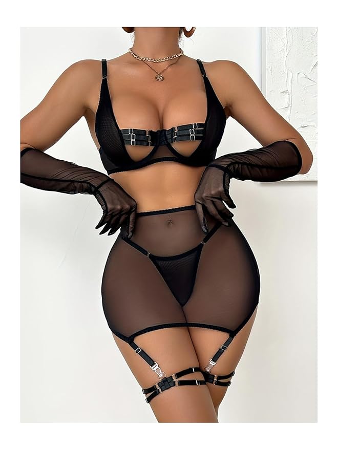 Aurexal™ Net Sheer Mesh Black Baby Doll High Waist Panty & Garter Straps Sexy Transparent Nightwear Innerwear Set for Women Free Size