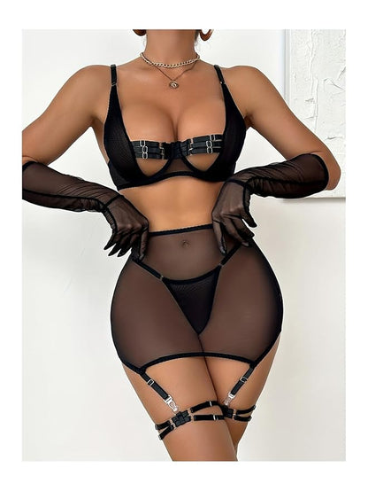 Aurexal™ Net Sheer Mesh Black Baby Doll High Waist Panty & Garter Straps Sexy Transparent Nightwear Innerwear Set for Women Free Size