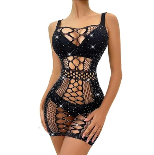 Aurexal™ Knitted Round-Neck Sheer Stockings Glitter Stone Mini Dress Babydoll Fishnet Tights Lingerie Dress (Free size)