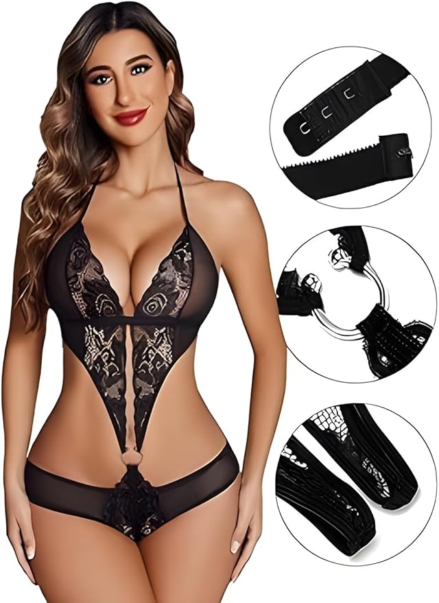 Aurexal™ Alluring Deep V Lace Teddy Lingerie – One Piece Sheer Babydoll Mini Bodysuit Sleepwear, Free Size