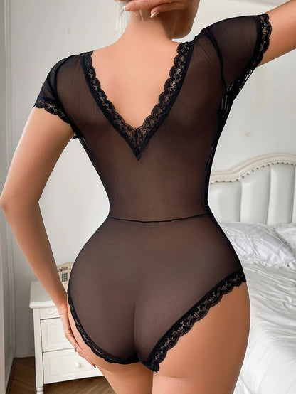 Aurexal™ Premium Black Lace Babydoll Lingerie with Sheer Robe Soft Stretch Nightwear Free Size