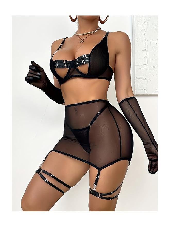 Aurexal™ Net Sheer Mesh Black Baby Doll High Waist Panty & Garter Straps Sexy Transparent Nightwear Innerwear Set for Women Free Size