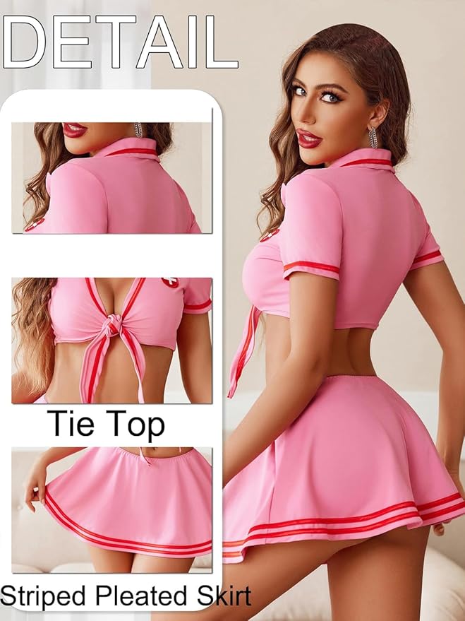Aurexal™ Nurse Costume Set, Tie Front Crop Top with Pleated Mini Skirt, Role Play Lingerie Outfit  (Free size)