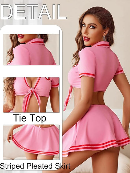 Aurexal™ Nurse Costume Set, Tie Front Crop Top with Pleated Mini Skirt, Role Play Lingerie Outfit  (Free size)