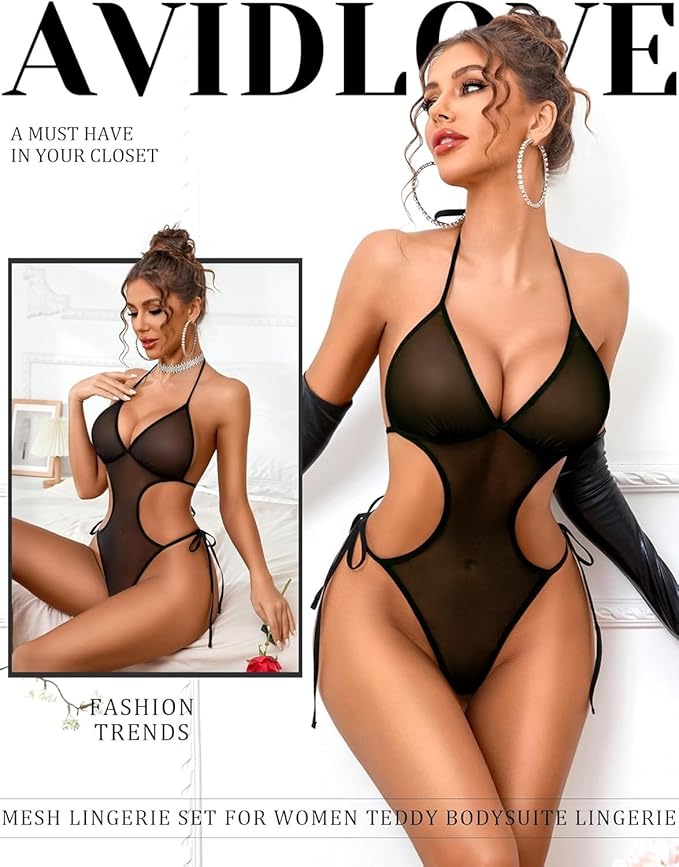 Aurexal™ Sheer Mesh Cutout Teddy Lingerie – Sexy Halter Neck One Piece Bodysuit for Nightwear & Honeymoon, Free Size