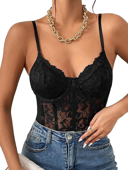 Aurexal™ Floral Lace Sheer Spaghetti Strap Scallop Trim Bustier Cami Bodysuit Top (Free Size)