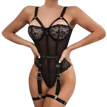 Aurexal™ Black Strappy Lace Bodysuit for Women Lingerie Set |Soft Adjustable Straps | Honeymoon Nightwear for Ladies (Free size)
