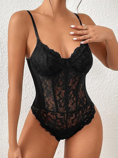 Aurexal™ Floral Lace Sheer Spaghetti Strap Scallop Trim Bustier Cami Bodysuit Top (Free Size)