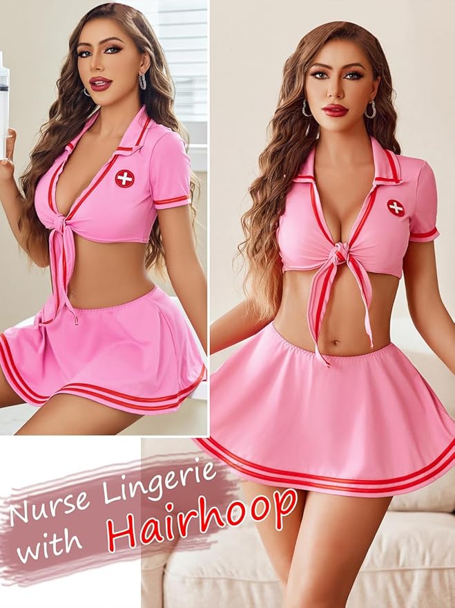 Aurexal™ Nurse Costume Set, Tie Front Crop Top with Pleated Mini Skirt, Role Play Lingerie Outfit  (Free size)