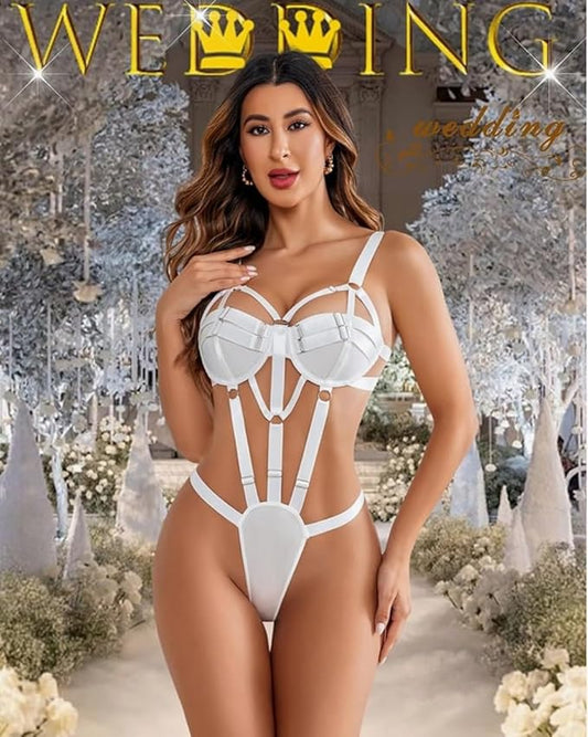 Aurexal™ White Strappy Bodysuit Lingerie, Push-Up Bra Style Teddy for Women (Free Size)