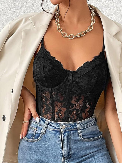 Aurexal™ Floral Lace Sheer Spaghetti Strap Scallop Trim Bustier Cami Bodysuit Top (Free Size)