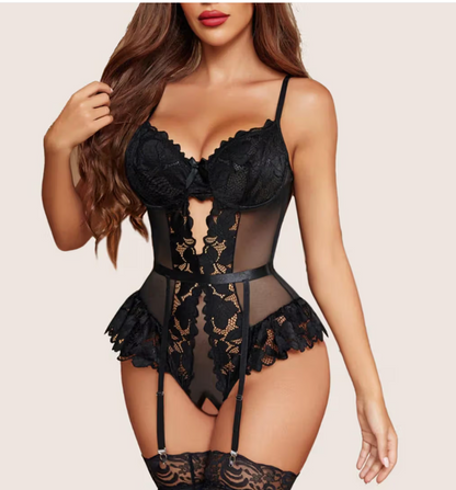 Aurexal™ Sexy Lace Bodysuit Sleeveless V Neck Lingerie – Sheer Mesh Teddy with Garter Straps & Ruffle Detail (Free size)