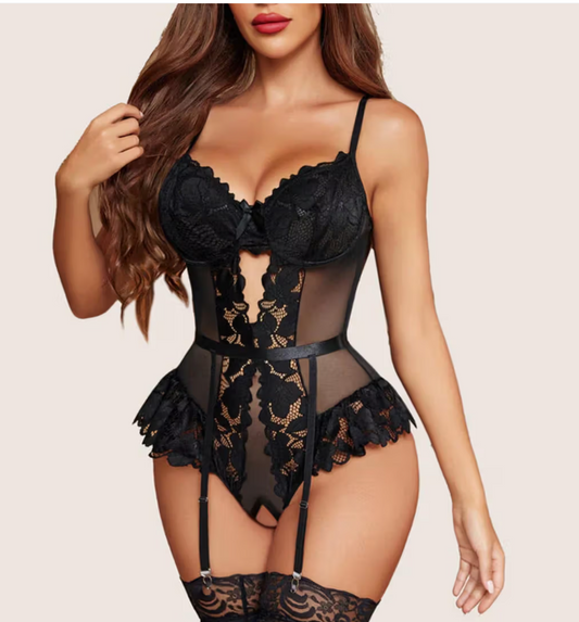 Aurexal™ Sexy Lace Bodysuit Sleeveless V Neck Lingerie – Sheer Mesh Teddy with Garter Straps & Ruffle Detail (Free size)