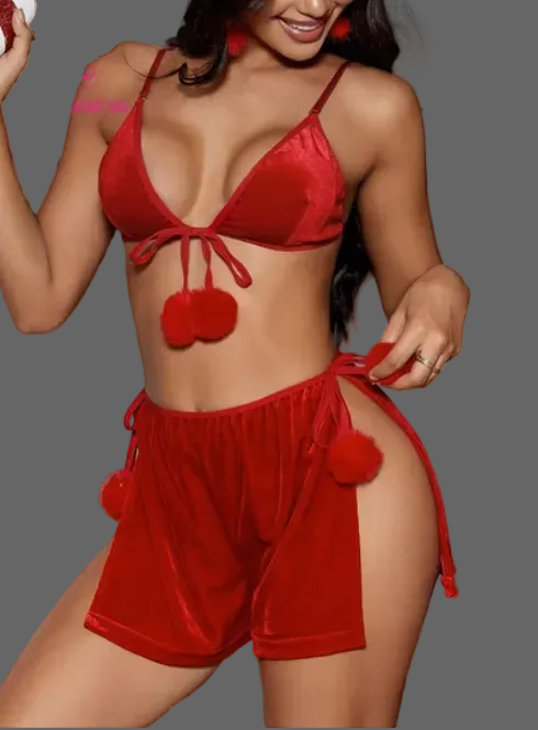 Aurexal™ Velvet Lace-up Pompom Christmas Sexy Lingerie Set, Free Size