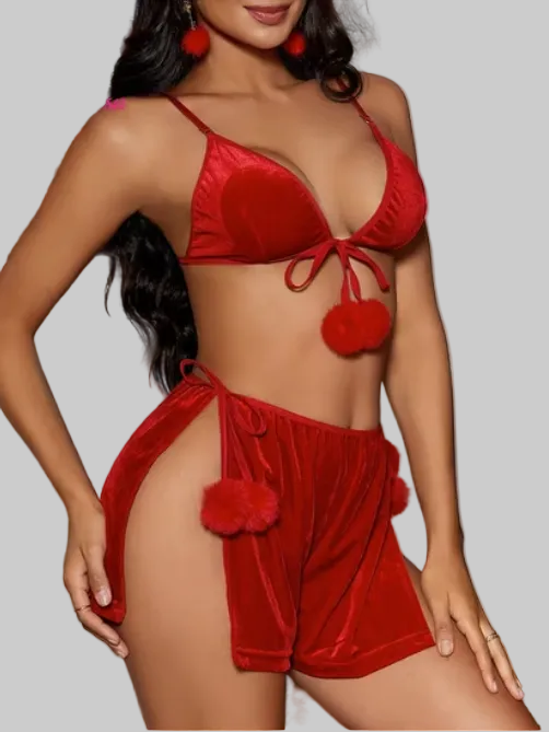 Aurexal™ Velvet Lace-up Pompom Christmas Sexy Lingerie Set, Free Size