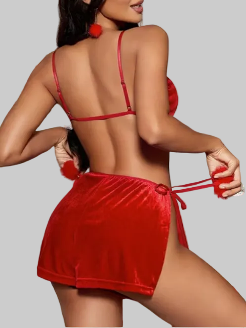 Aurexal™ Velvet Lace-up Pompom Christmas Sexy Lingerie Set, Free Size