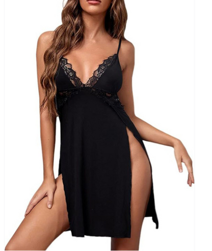 Aurexal™ Satin Blend Night Black Lace Trim Chemise Baby Doll Dress (Free Size)