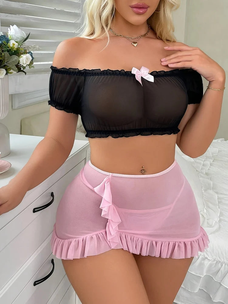 Aurexal™ Sheer Off-Shoulder Baby doll Lingerie Set – Mesh Crop Top & Ruffle Mini Skirt Nightwear for Women Free Size
