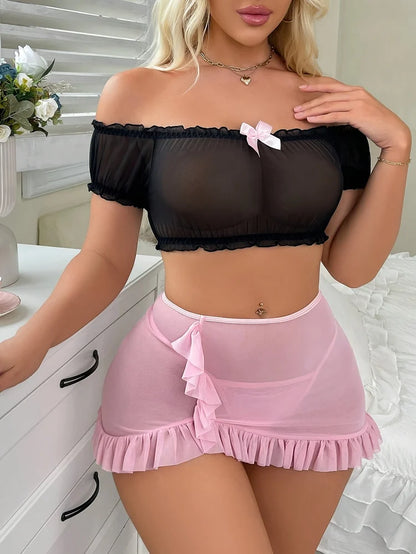 Aurexal™ Sheer Off-Shoulder Baby doll Lingerie Set – Mesh Crop Top & Ruffle Mini Skirt Nightwear for Women Free Size