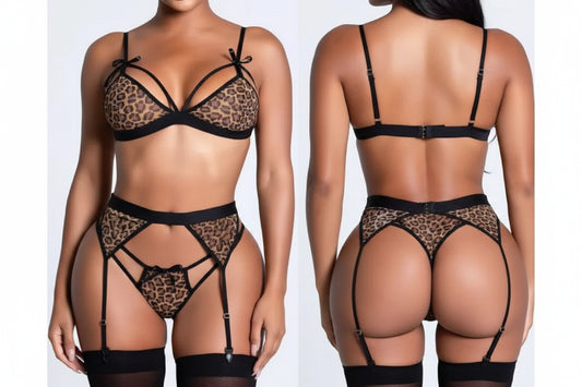 Aurexal™ Leopard Print Lingerie Set – 3-Piece Strappy Bra, Garter Belt & Thong (Free size)